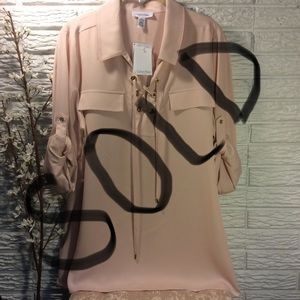 CALVIN KLIEN Lace Up Tie Neck Top